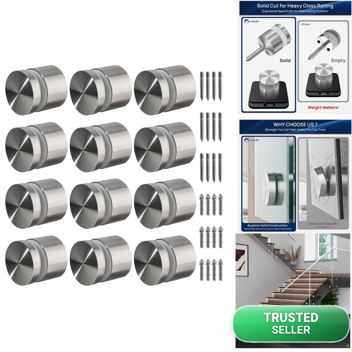 12 Pack LukLoy SS316 2" Marine Grade Glass Railing Standoff for Balcony Stair