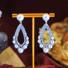 Charming Silver Plated Cubic Zirconia Prom Round Long Pearl Dangly Drop Earrings
