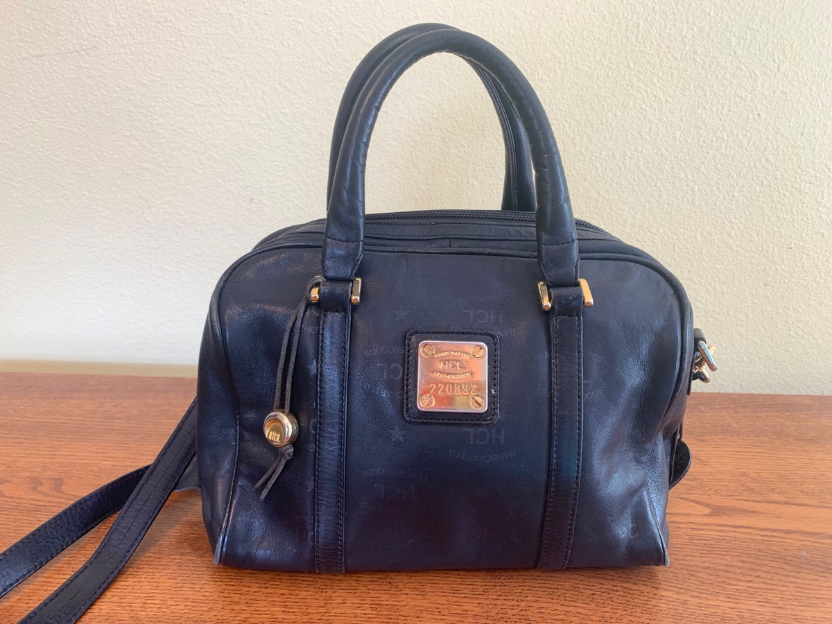 Vtg HCL Handcrafted Leathergoods Blk Signature Satchel Crossbody