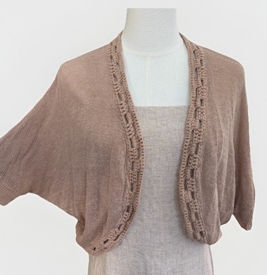 Linen Shrug Bolero Cropped Dolman Cardigan Beige Crochet Knit Sheer Sweater PS