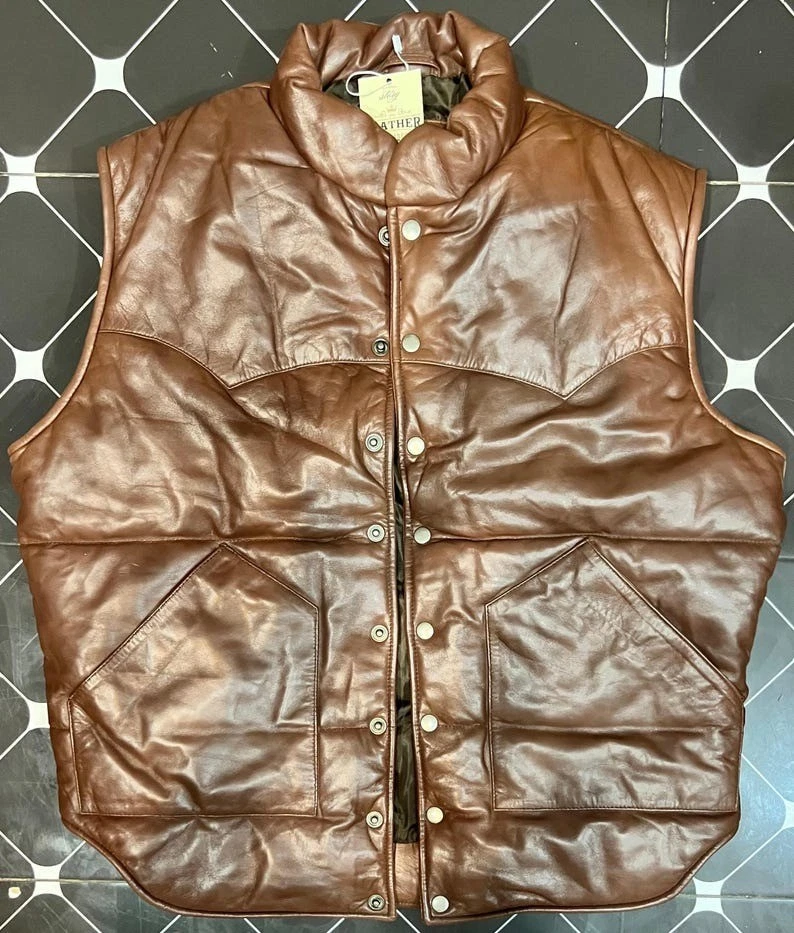 Men’s Genuine Lambskin Leather Puffer Vest Quilted Down Outerwear Handmade