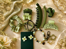 Green Non-Slip Hair Clip Lot: Claw Clips, Scrunchies Hair Ties, Flower Bow