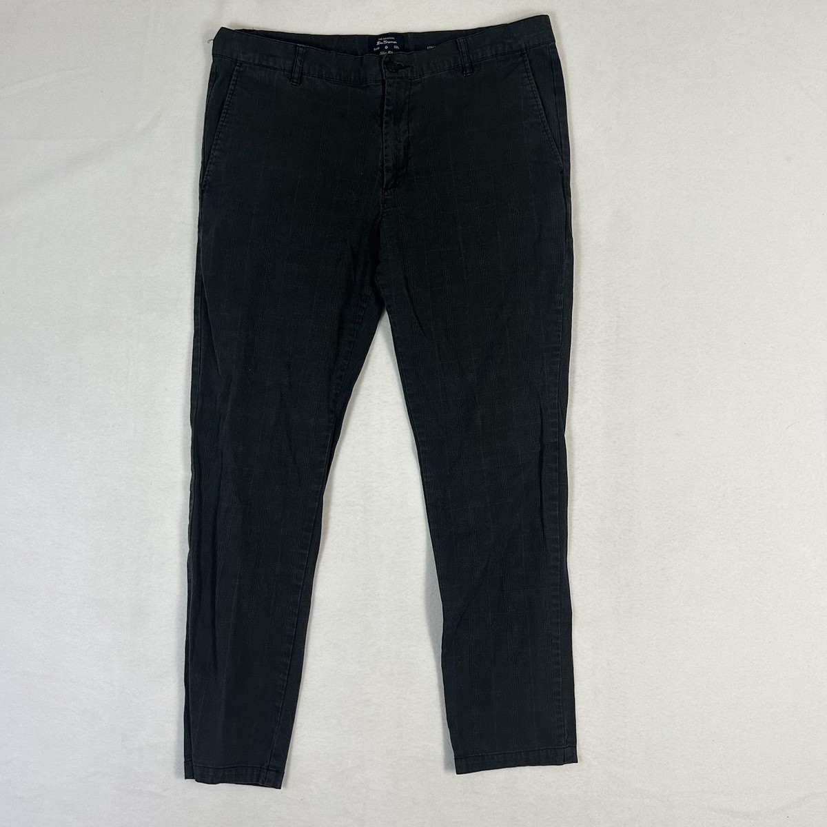 Ben Sherman Men’s 34x32 Slim Fit Chino Pants Black Gray Check Stretch Casual View 2