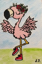 Whimsical Flamingo Spring ATC CARD ACEO ORIGINAL HAND PAINTED Signed OOAK