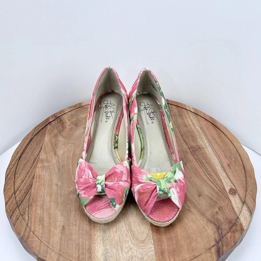 Lo último Zapatos Tacones de Cuña Para Mujer Talla 6M Alpargata Lazo Floral Lona Foto 2 de 4