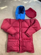 VINTAGE GOOSE DOWN PUFFER JACKET MEDIUM RED w HOOD WESTERN MOUNTAINEERING