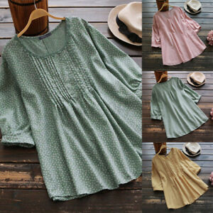 Womens Casual Floral Printed Pleated Linen Long Sleeve Tunic T-Shirt Loose Blouse Tops 