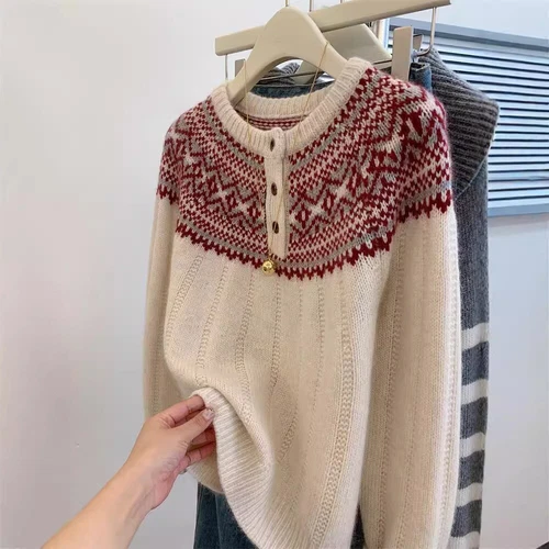 Wool Patterned Half Button Cardigan/Jumper Crew Neck Jumper Women Sweater Tops - Picture 3 of 7