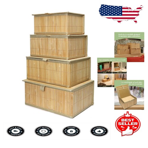 4er Set Aufbewahrungskörbe aus natürlichem Bambus mit staubdichten Deckeln - stapelbares Design