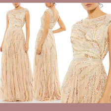 NEW $598 Mac Duggal [ 2 ] A Line Cap Sleeve Embellished Evening Gown Beige G1777