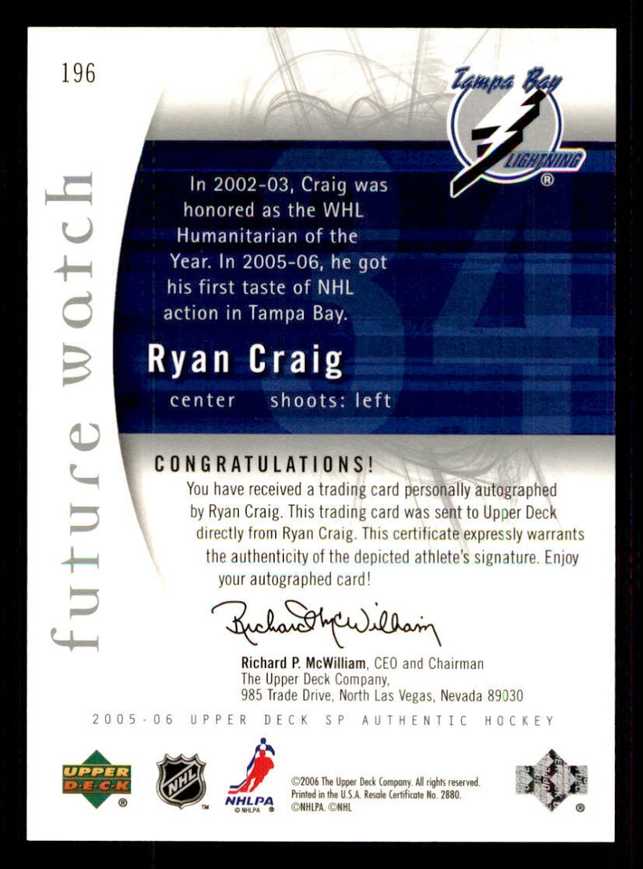 2005-06 SP Authentic #196 Ryan Craig AU RC /999 (ref 240347) - Image 2 of 2