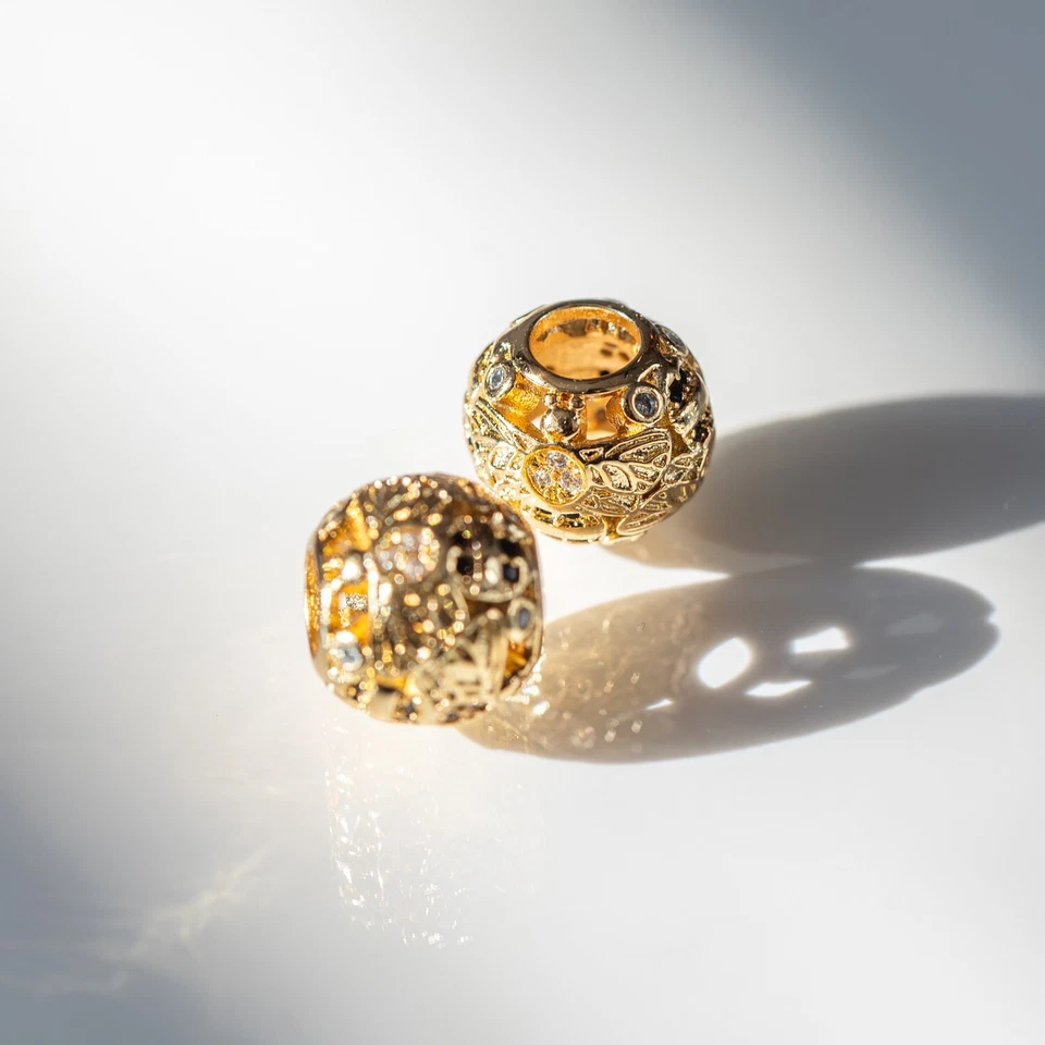 Charm Schmuck Perle f. Pan-Armband 925 Sterling Silber in Gold eloxiert & Zirkon - Bild 3 von 4