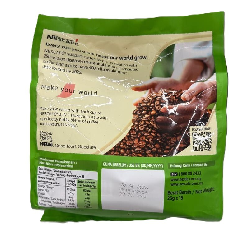 NESCAFE 3 in 1 Instant Coffee Hazelnut Latte 23g x 15's - 2 Packs