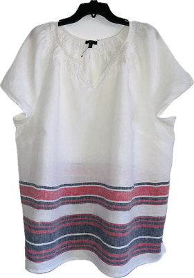 Talbot's Plus Petite Women's White Blouse Smocked Neck 100% Linen Size 3XP