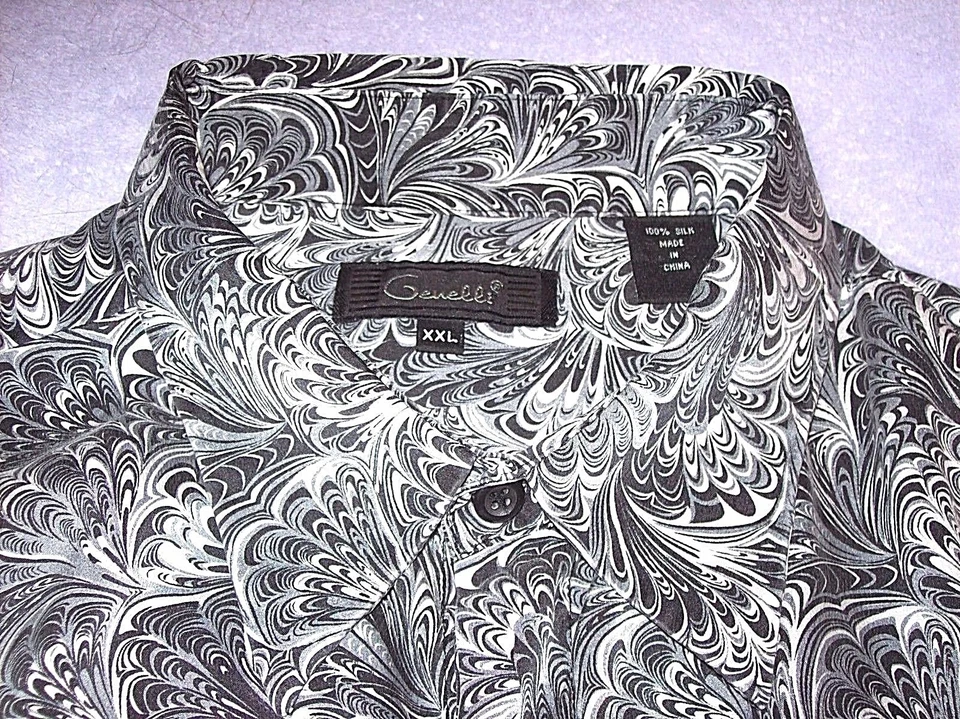 MENS GENELLI  100% SILK SHIRT BLACK, DARK AND LIGHT SILVER PAISLEY XX  LARGE - Image 3 of 4