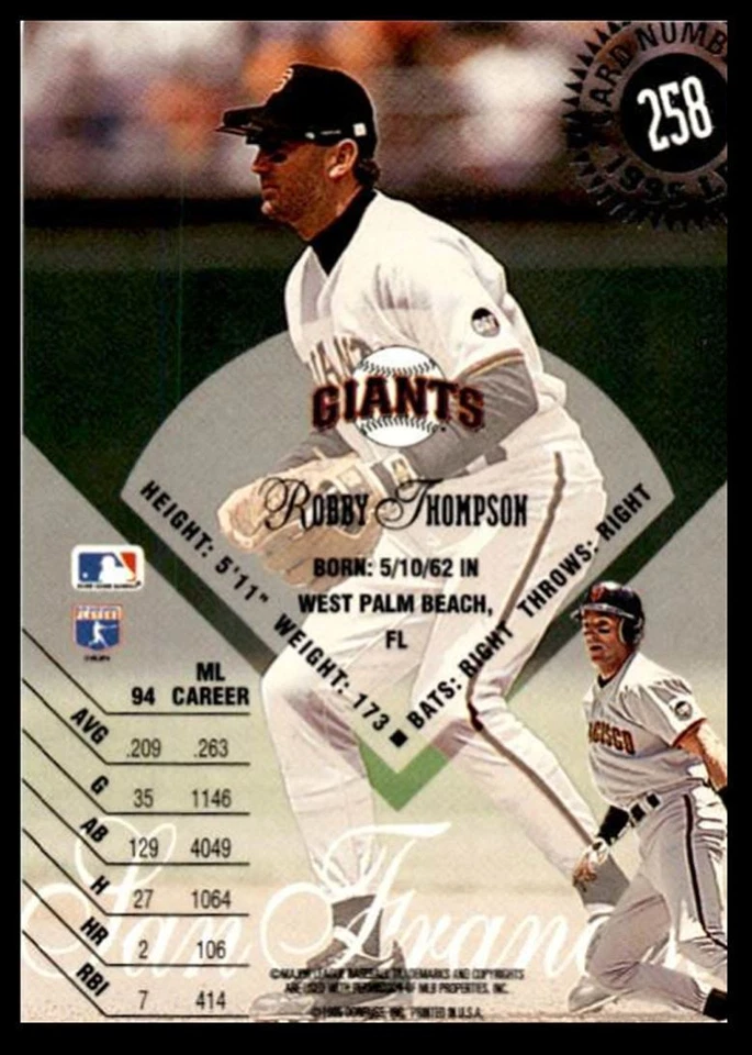 1995 Leaf Robby Thompson San Francisco Giants #258 - Image 2 of 2