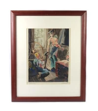 Vintage Mid Century Modern Art Deco Watercolor Painting Illustration Signed