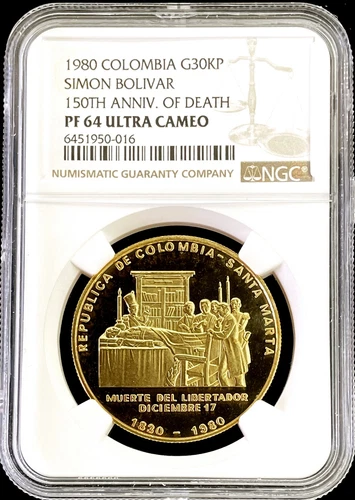 1980 GOLD COLOMBIA 500 MINTED 30,000 PESO 1 OZ SIMON BOLIVAR 150th NGC PF 64 UC