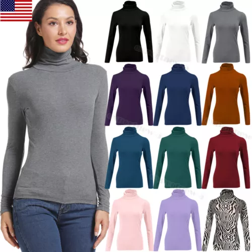 Women's Turtleneck Shirts Long Sleeve Basic Ribbed Knitted Top Lightweight S-3XL - Picture 1 of 17