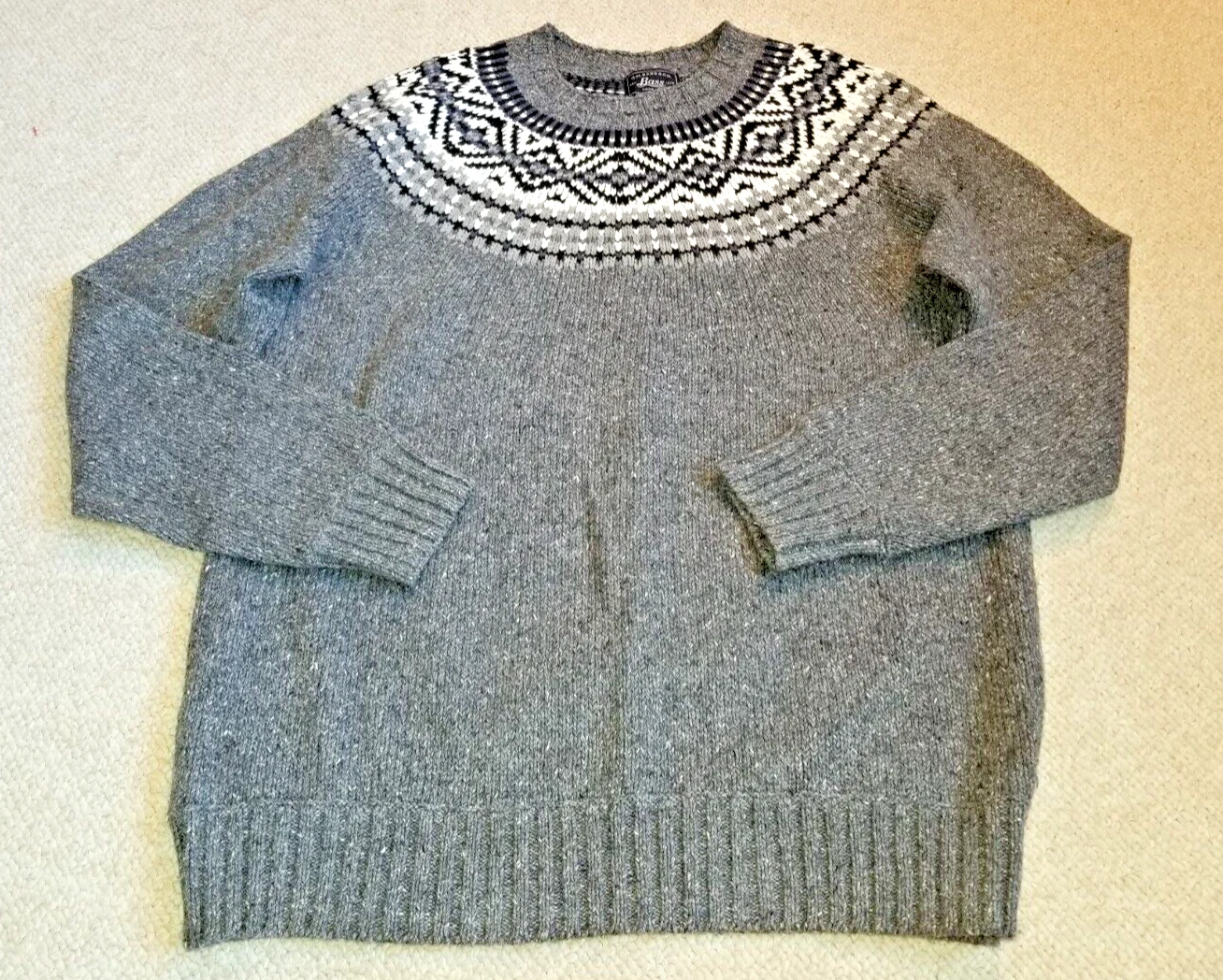 Mens Sweater-G.H. BASS & CO.-gray marled Fair isle wool Nordic Classic-M