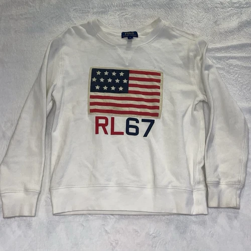 OFF WHITE Felpa manica lunga Ralph Lauren ragazzo taglia M 10 12 camicia bandiera americana logo