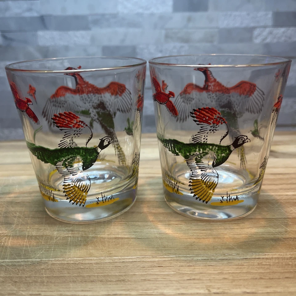 Vasos de faisán vintage de 2 piezas de Hazel Atlas hombre cueva pájaro cazador regalo Foto 2 de 4