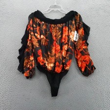 Free People Womens Floral Off Shoulder Sleeve Bodysuit Black Orange XS NEW