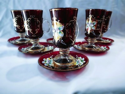Bohemia glass red tea, coffee cups decorated gold and enamel, 6+6 pcs II.