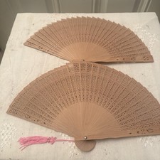 Lot Of 2 Wood Carved Flower Print Hand Folding Fan Japanese Fans