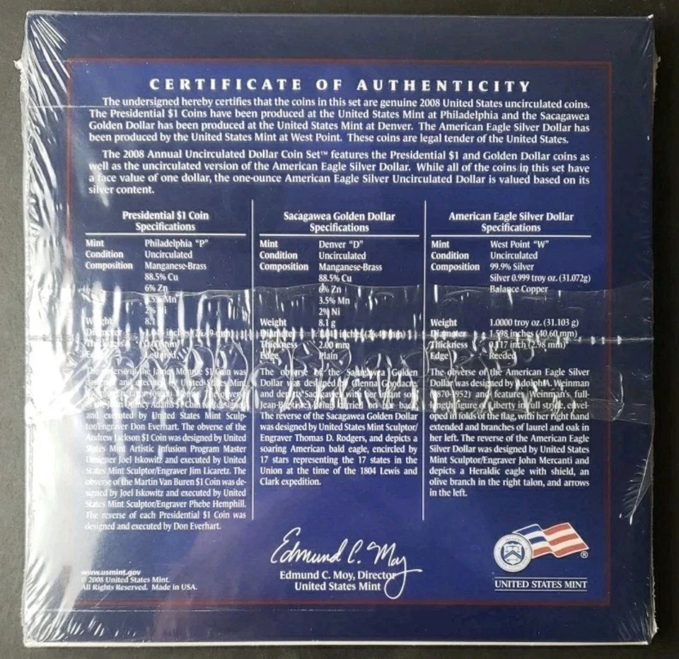 2008 W Annual Uncirculated Dollar 6 Coin Set Silver Eagle Sacagawea Presidential - Image 2 of 2