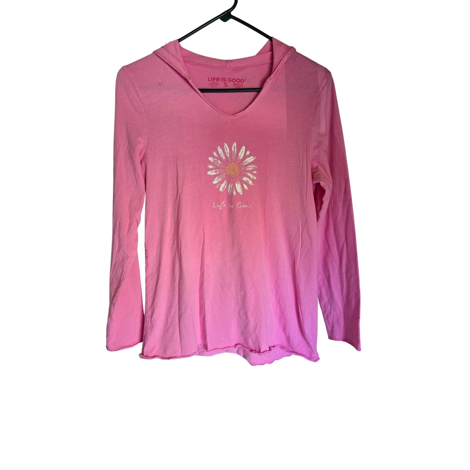 Life is Good Womens Pink Daisy Graphic Long Sleeve V-Neck Hoodie Tee Small