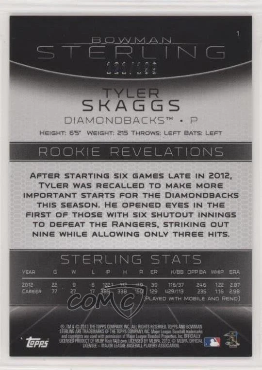 2013 Bowman Sterling Refractor /199 Tyler Skaggs #1 Rookie RC - Image 2 of 2