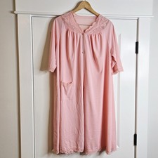 VTG ShadowLine Pink Satin Robe Embroidered Lace Roses House Coat Womens Large