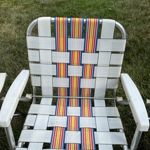 Three Vintage Light Aluminum Webbed Woven Vinyl Folding Lawn Chairs- Nice! - Picture 8 of 15