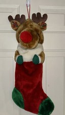 Vintage 80s 3D Reindeer Stuffed Plush Red Velour Christmas Stocking 27 EUC
