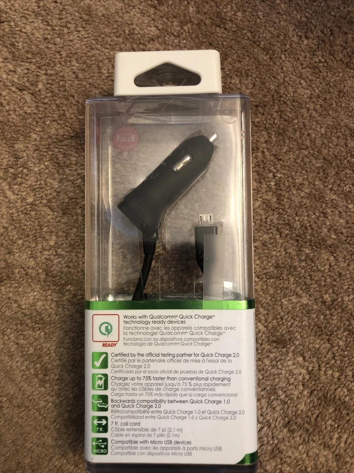 New Qmadix QM-PVMI-Q2 Qualcomm 2.0 Coiled Micro-USB Car Charger Black - Image 2 of 4