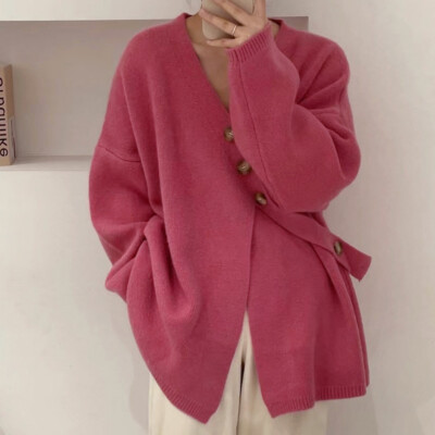 Women V-Neck Knitted Cardigan Overcoat Soft Irregular Sweater Jumper Retro Tops