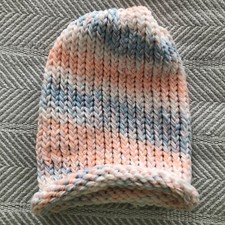 Beautiful Hand Knitted Beanie Sock Hat Chunky Pastel Pink Peach Blue White