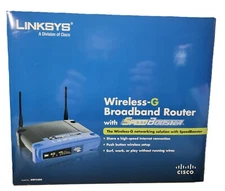 LINKSYS WIRELESS G 2.4 GHZ BROADBAND ROUTER WITH SPEED BOOSTER BOX CABLES CD