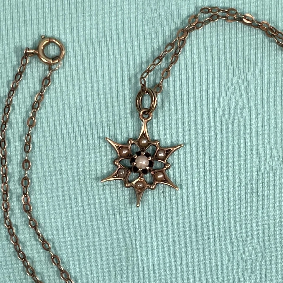 Collar Relleno de Oro Rosa con Perlas Semilla, Copo de Nieve o Colgante Estrella, Vintage Foto 4 de 4