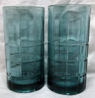 2 vintage Anchor Hocking TARTAN heavy 6 1/8"h Iced Tea glass tumblers Denim Blue