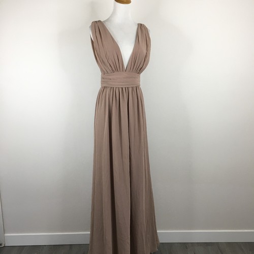 LULU'S Taupe/Stone Low V Neck & Back Chiffon Lined Gown Dress Womens sz Small