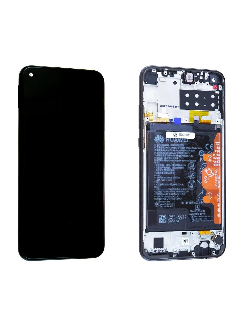 Écran Huawei P40 Lite E avec châssis noir et batterie d'origine pour réparation bloc tactile
