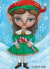 ACEO Original Mini Acrylic Painting Christmas Elf Candy Cane Gulat