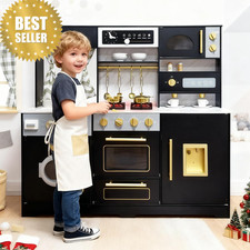 Wooden Play Kitchen Set w/ Light, Sound, Sink, Washer Gift for Kids Ages 3