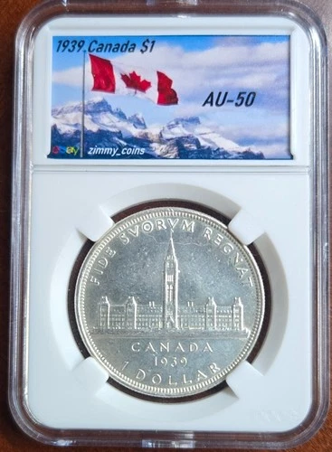 1939 Canada $1 • Silver (.800) Dollar • AU-50 • Vintage Coin • CUSTOM SLAB!