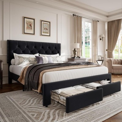 King Size Bed Frame with Storage Drawers   Velvet Upholstered Platform Bed wi...