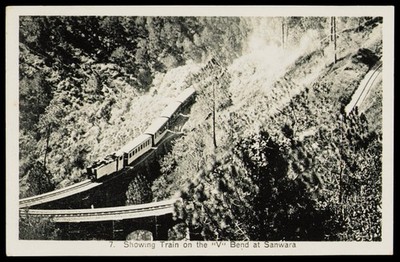 Sanwara Zug ''V'' Biegebrücke Kalka-Shimla Eisenbahn Dampf Postkarte