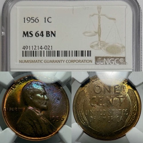 1956 Lincoln Cent NGC MS64 BN Toned Wheat Coin 1C