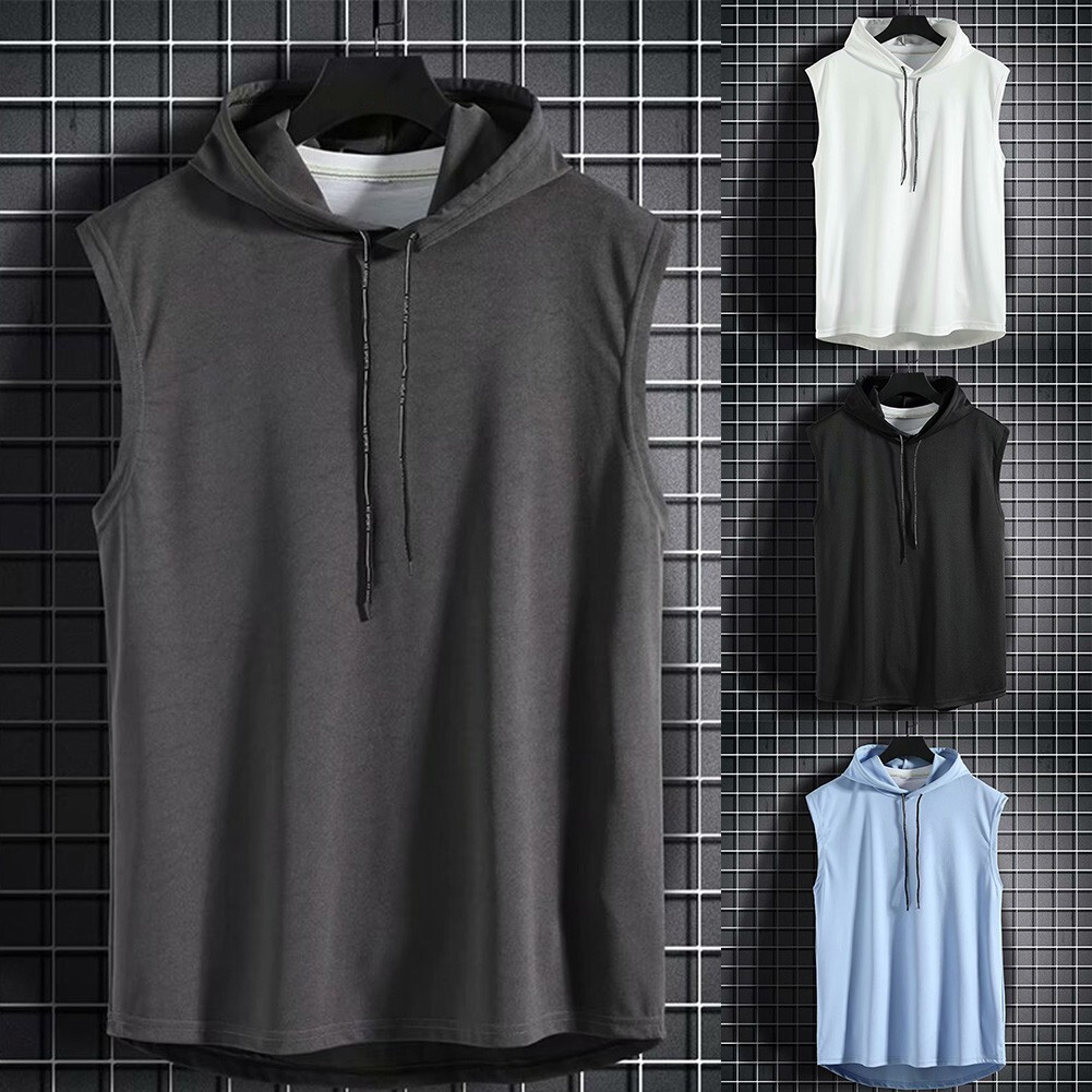 Vest Shirt Daily Bodybuilding Gym Hooded Hoodie Men Polyester Sleeveless-image
